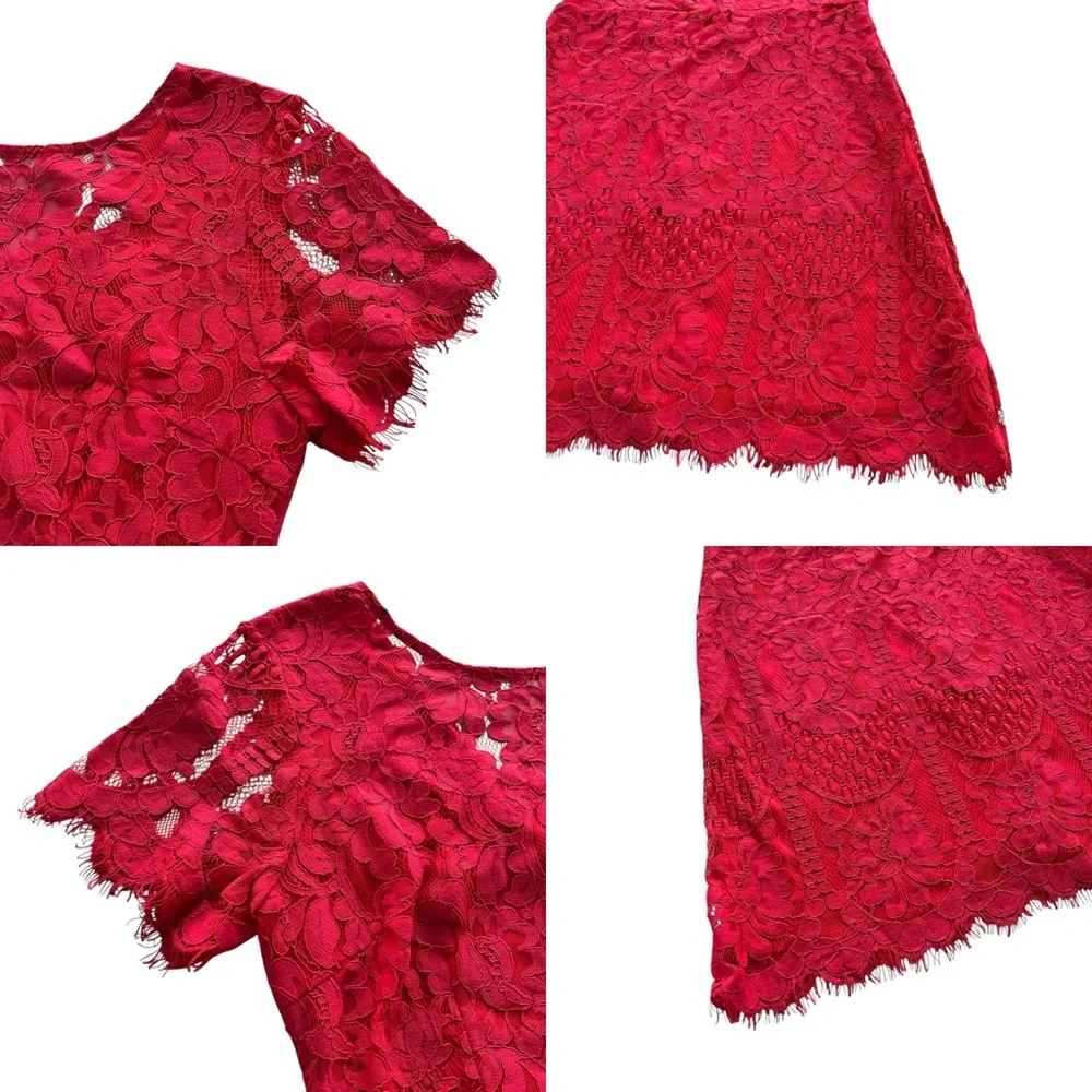 MSLG Womens Sz Large Bright Red Floral Lace Short Sleeve Round Neck A-line Dress